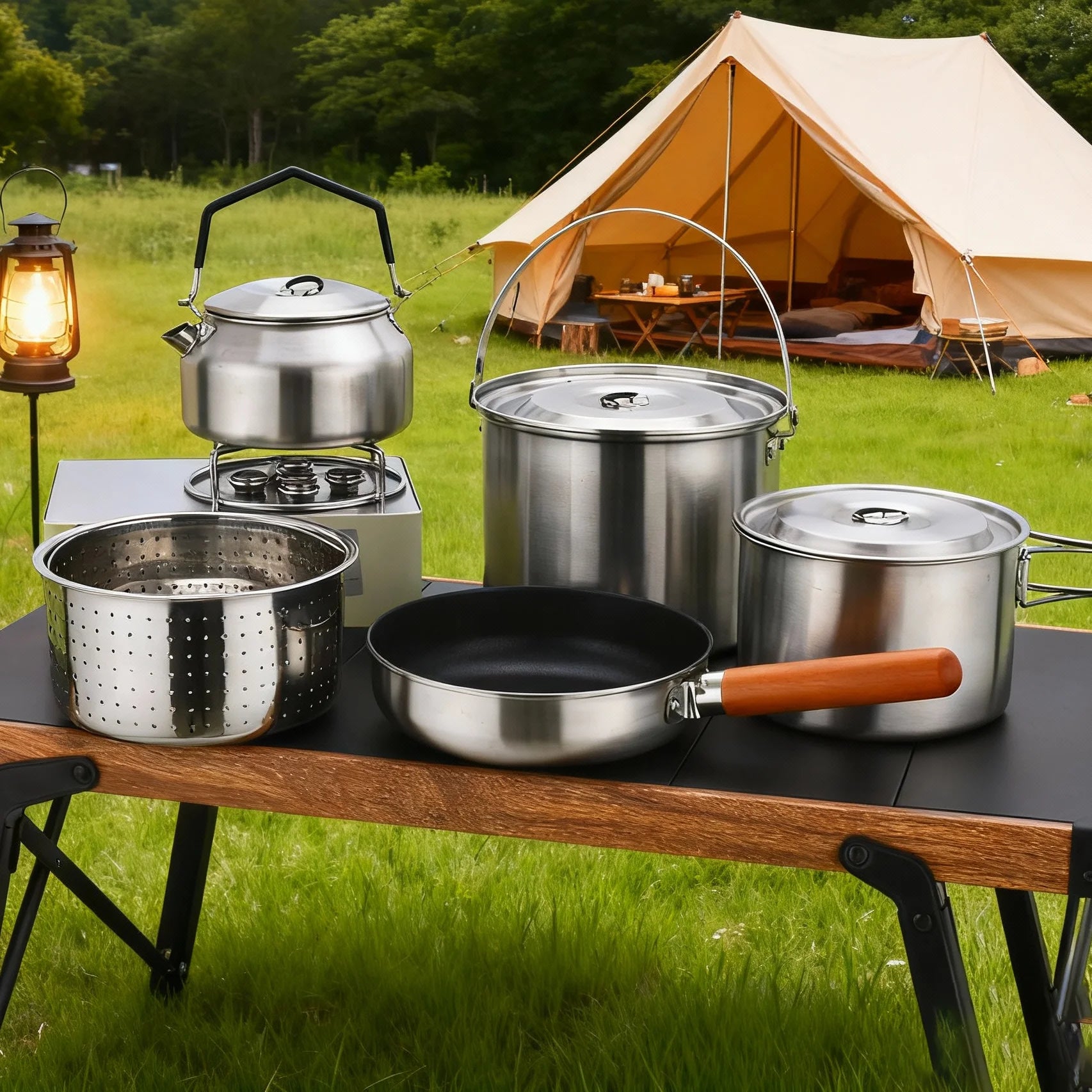 Pandatour Camping Cookware Set Kettle Set Pot Tableware Kit Travel Kitchen Utensils Hiking Picnic Pot Bowl stainless steel Pan