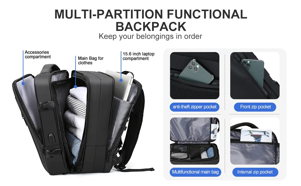 Business Travel Backpack for Men Expandable Water Resistant Backpack with USB, Black Laptop Backpack 15.6 Inch for College Work