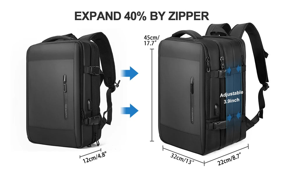 Business Travel Backpack for Men Expandable Water Resistant Backpack with USB, Black Laptop Backpack 15.6 Inch for College Work