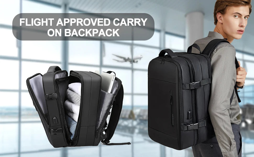 Business Travel Backpack for Men Expandable Water Resistant Backpack with USB, Black Laptop Backpack 15.6 Inch for College Work