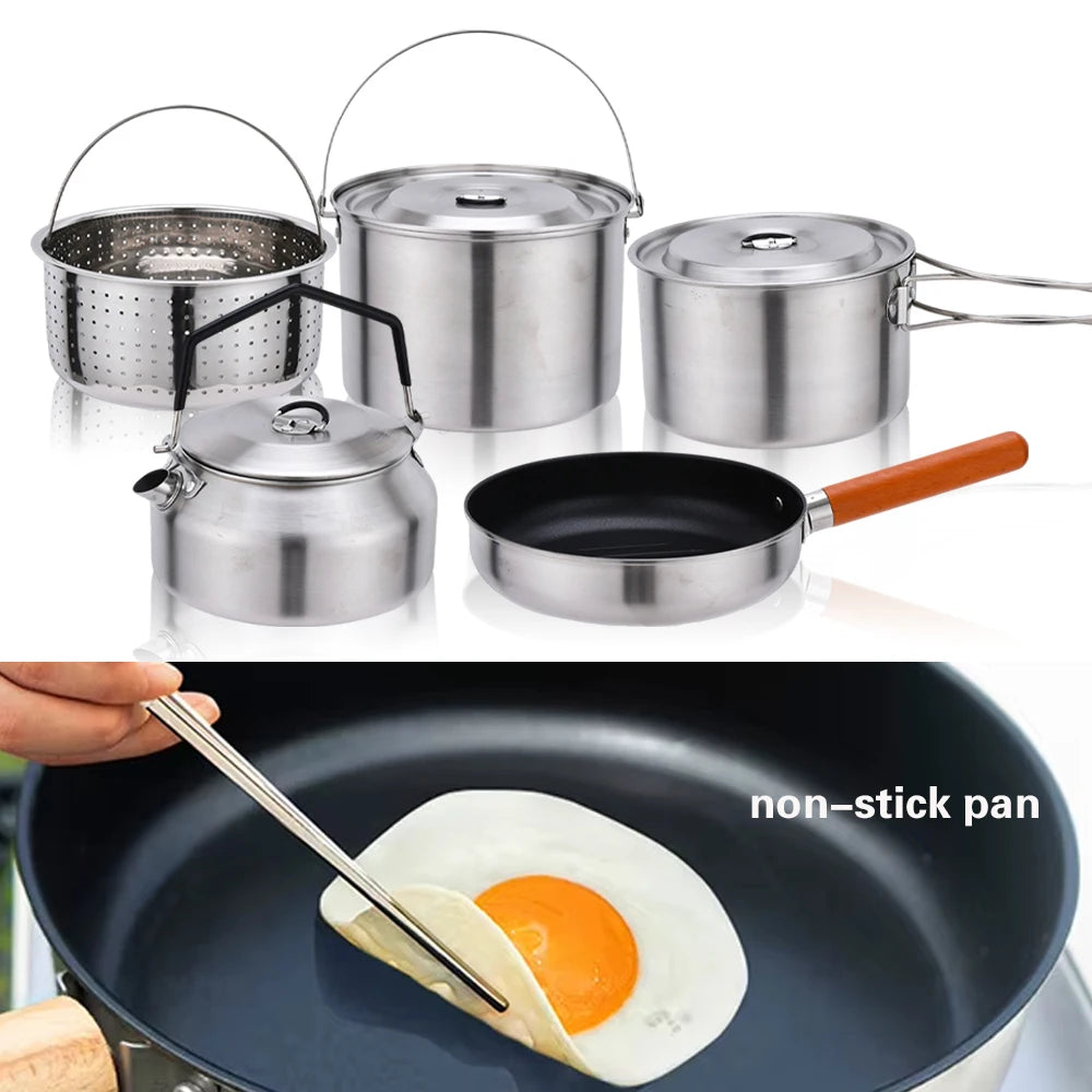 Pandatour Camping Cookware Set Kettle Set Pot Tableware Kit Travel Kitchen Utensils Hiking Picnic Pot Bowl stainless steel Pan