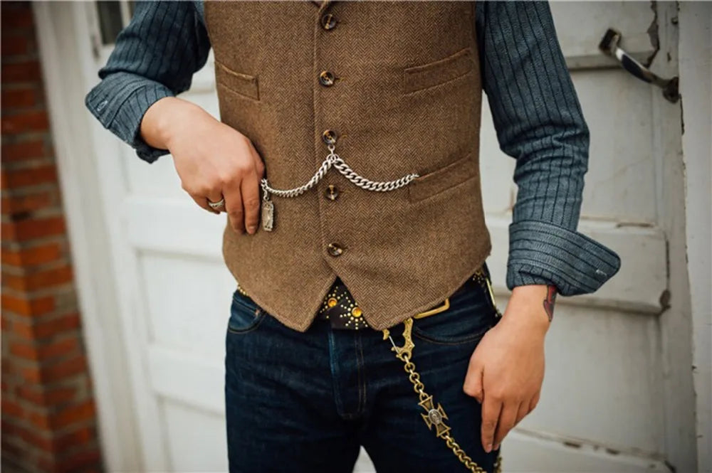 Business Mens Suit Vest Lapel V Neck Wool Herringbone Casual Brown Waistcoat Casual Formal Groomsman Jacket For Wedding