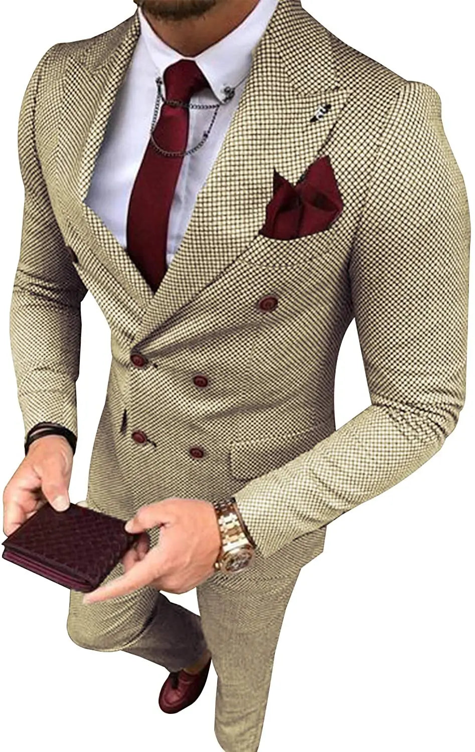 Men's Business Suits 2 Pieces Double Breasted Regular Fit Notch Lapel Plaid Wool Prom Tuxedos For Wedding (Blazer+Pants)