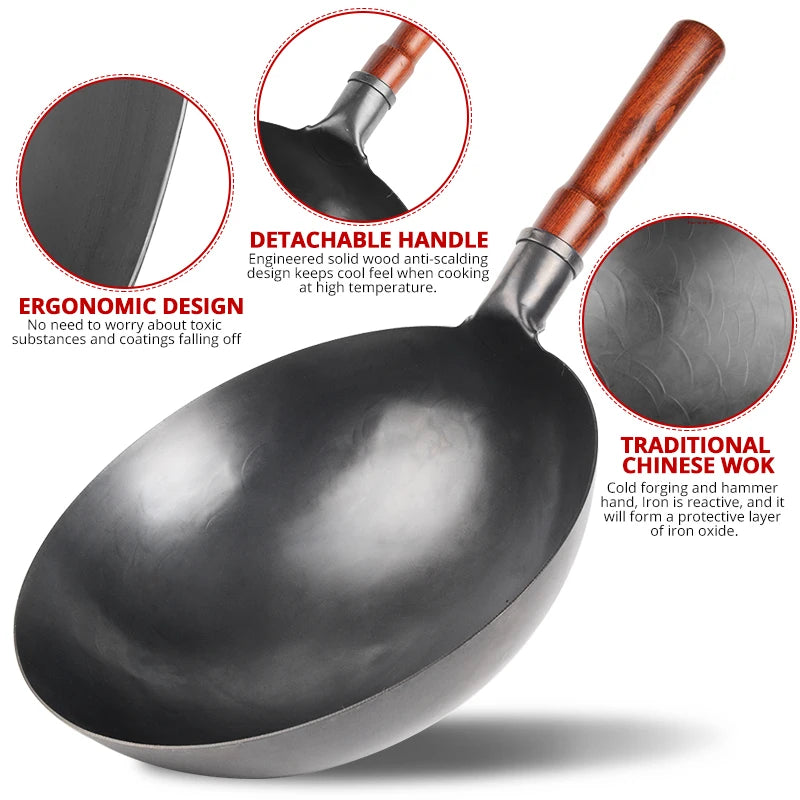 Hand Hammered Wok,traditional Iron Wok No Coating Wooden Handle Non-stick Pan Kitchen Cookware