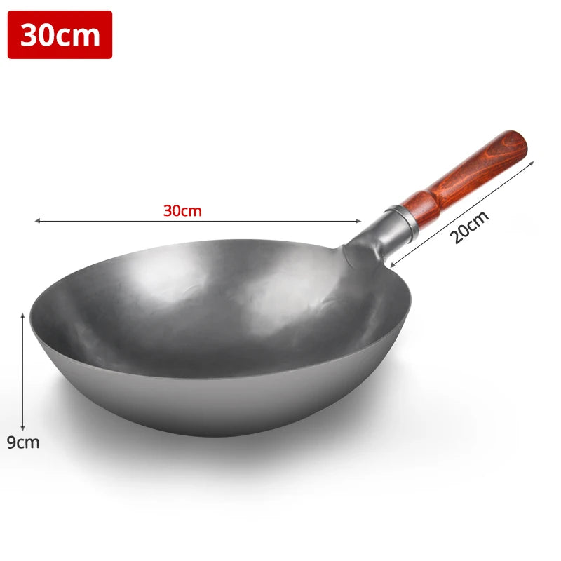 Hand Hammered Wok,traditional Iron Wok No Coating Wooden Handle Non-stick Pan Kitchen Cookware