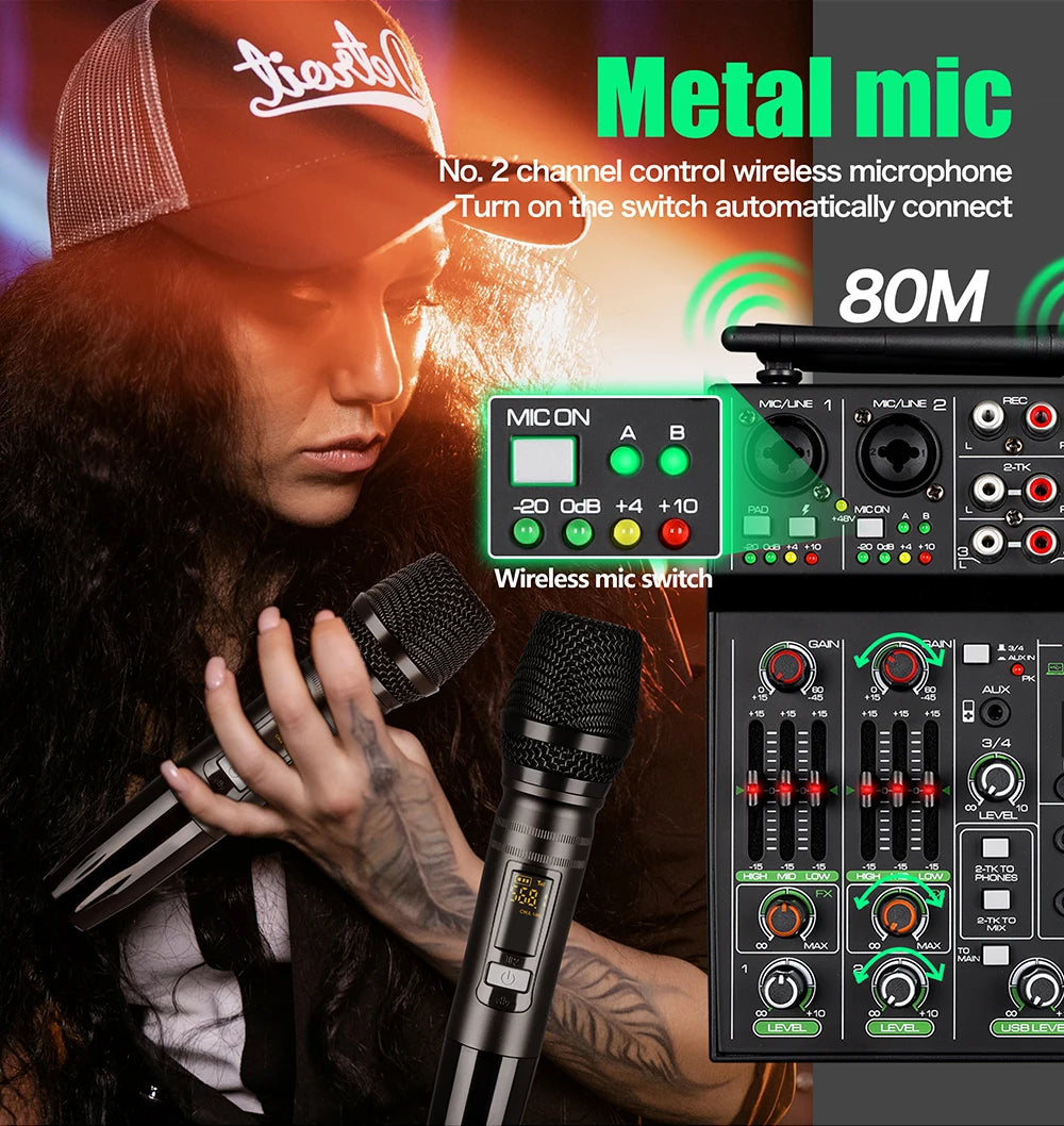 4 Channel Audio Mixer with Wireless Microphone USB Sound Table Bluetooth Console DJ Mixing for Party Karaoke Machine Soundbar