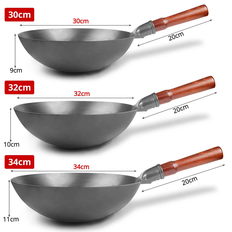 Hand Hammered Wok,traditional Iron Wok No Coating Wooden Handle Non-stick Pan Kitchen Cookware