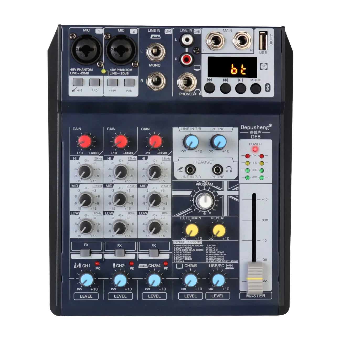 Depusheng DE8 Professional DJ Sound Controller with 16 Bit DSP Sound Card 8 Channel Mixer Audio for PC Recording