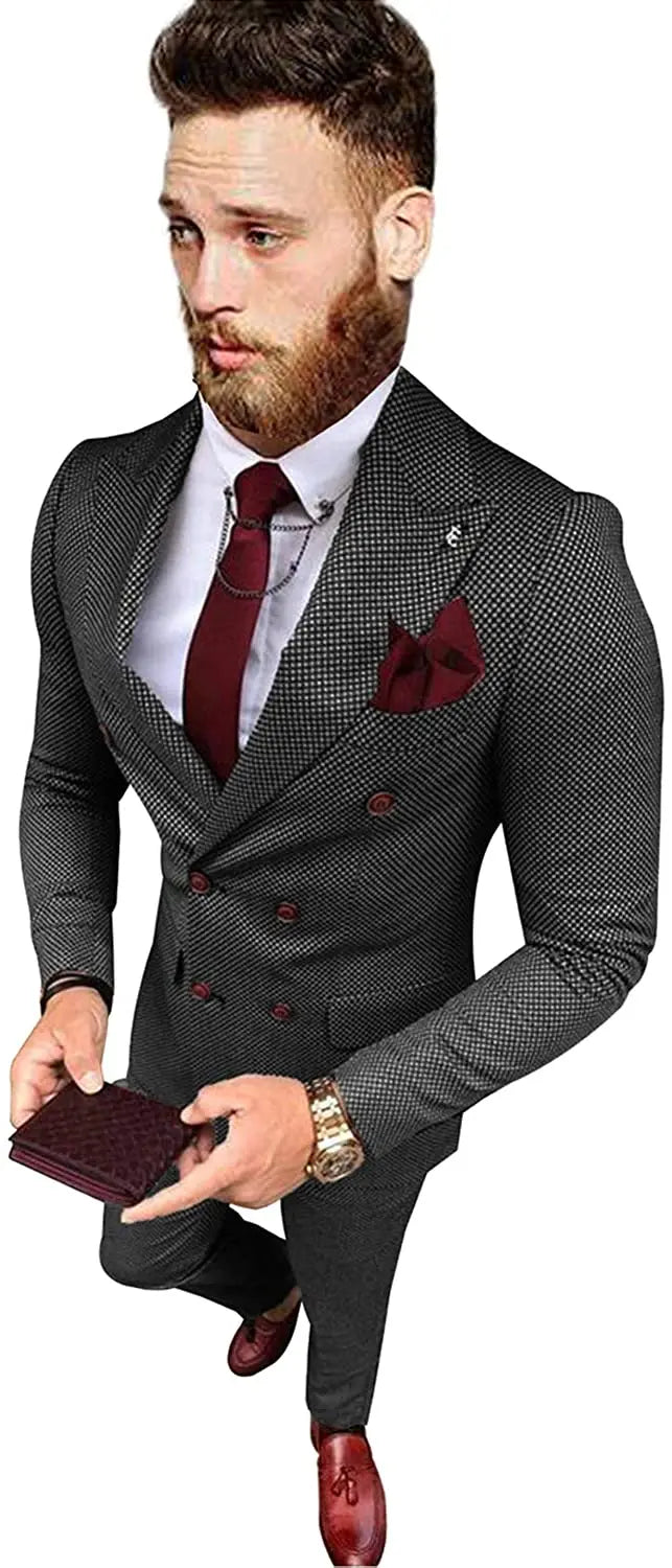Men's Business Suits 2 Pieces Double Breasted Regular Fit Notch Lapel Plaid Wool Prom Tuxedos For Wedding (Blazer+Pants)