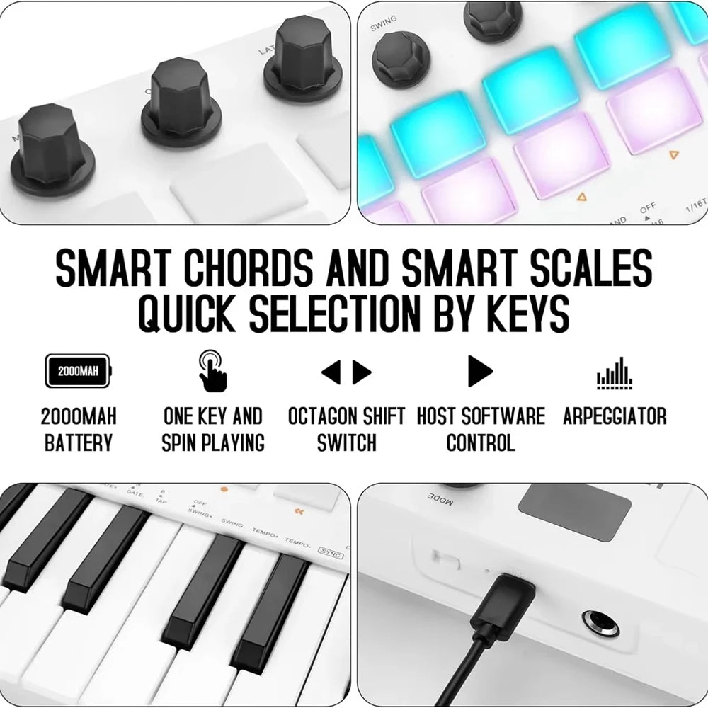 M-WAVE 25 Key USB MIDI Keyboard Controller With 16 Backlit Drum Pads Bluetooth Semi Weighted Professional Dynamic Keybed