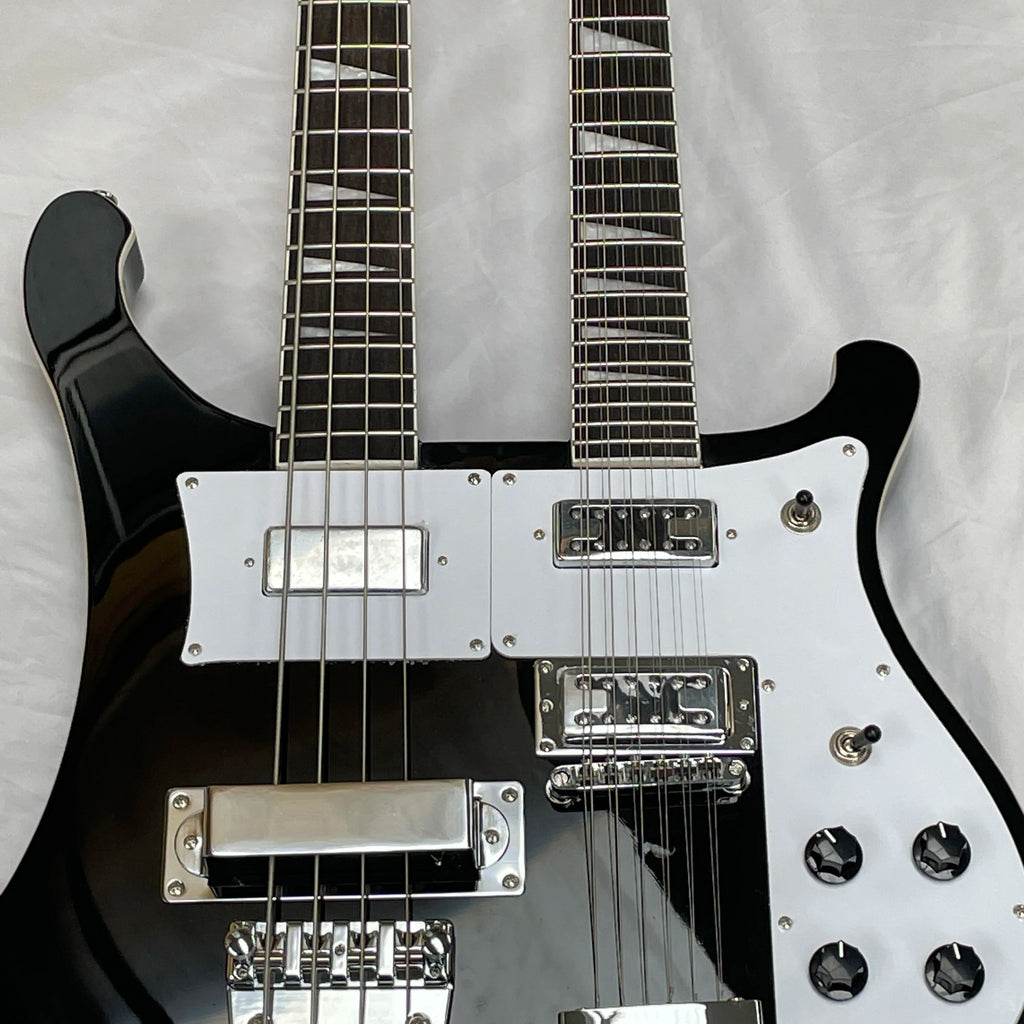 R-Brand Black Electric Bass Guitar with 4+12 Strings White Pickguard Red Chrome Hardware