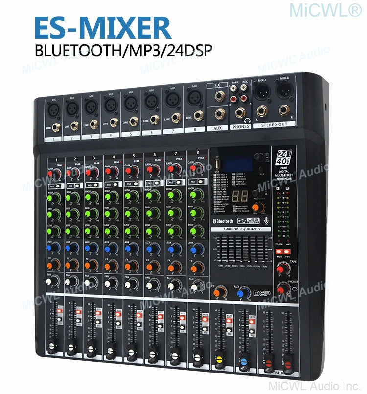 MiCWL 8 Channel Sound Mixng Console Audio DJ Controller Mixer 48V DSP Bluetooth