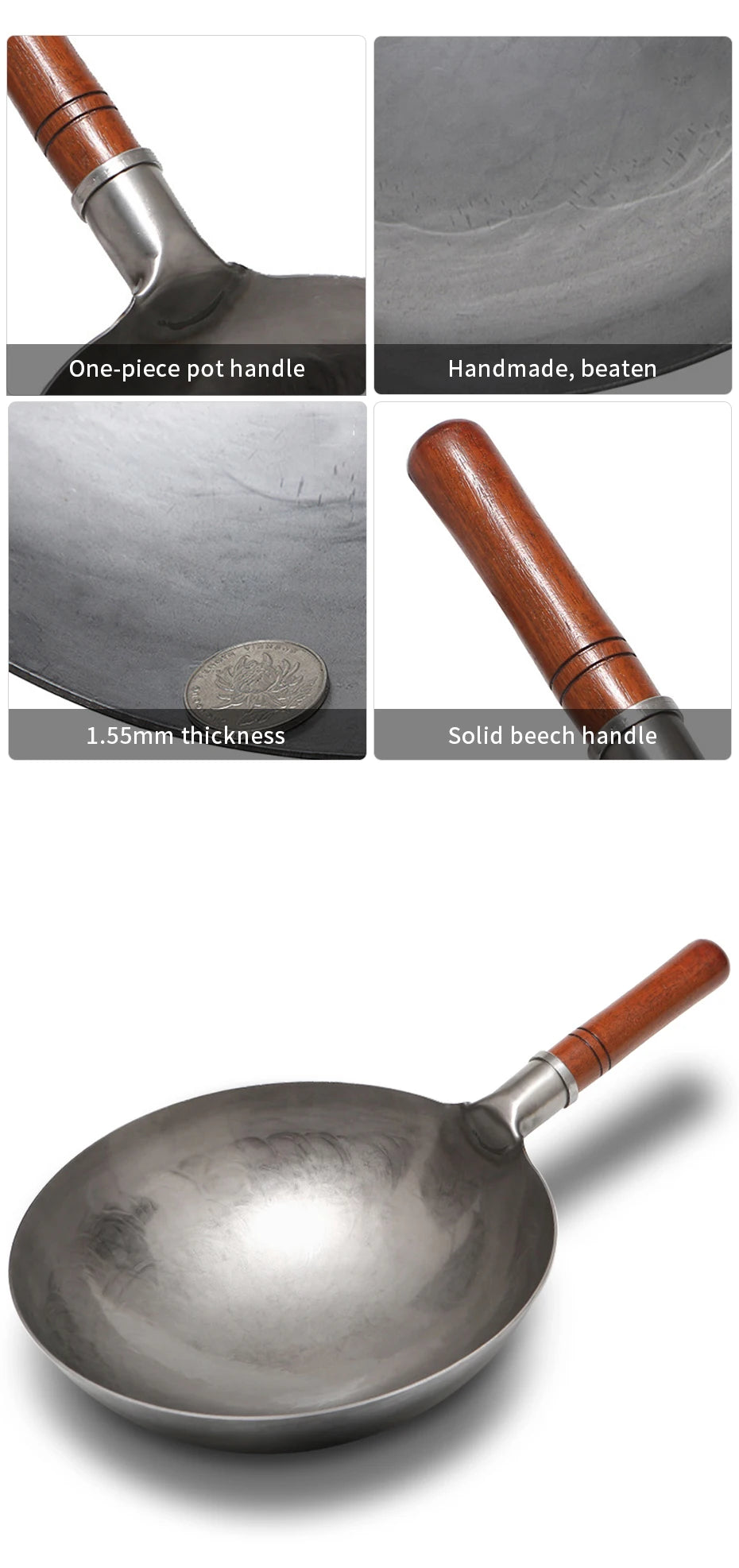 Hand Hammered Wok,traditional Iron Wok No Coating Wooden Handle Non-stick Pan Kitchen Cookware