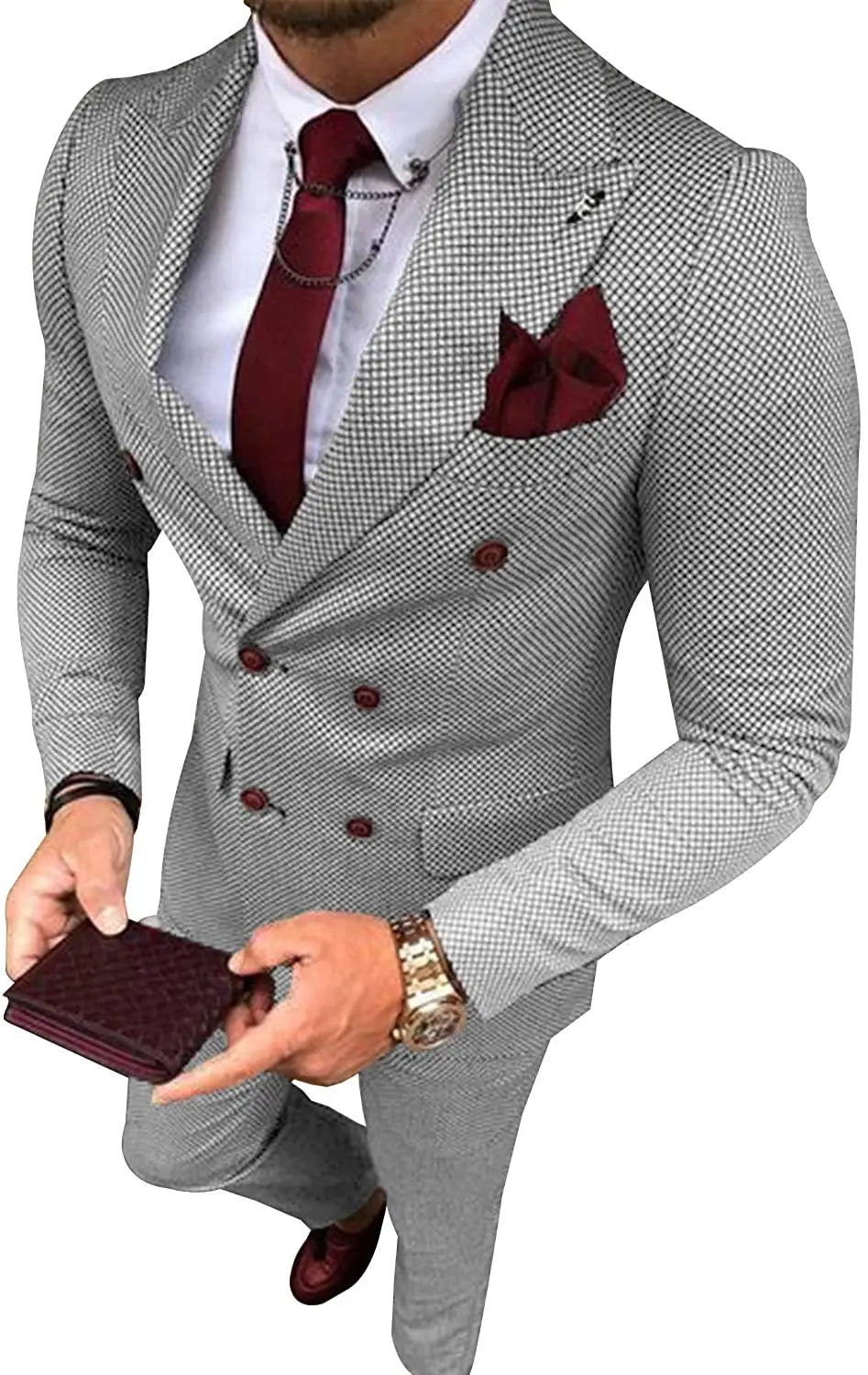 Men's Business Suits 2 Pieces Double Breasted Regular Fit Notch Lapel Plaid Wool Prom Tuxedos For Wedding (Blazer+Pants)