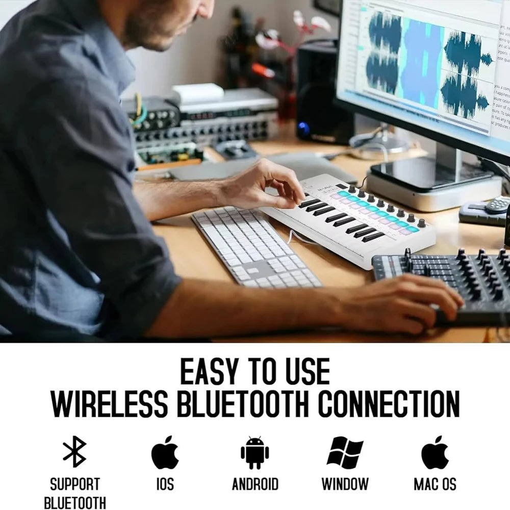 M-VAVE SMK-25 II 25-Key Bluetooth MIDI Controller | 16 RGB Pads, 8 Knobs, 2000mAh, USB-C, Mac/iOS/Android