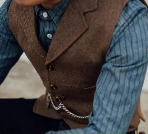 Business Mens Suit Vest Lapel V Neck Wool Herringbone Casual Brown Waistcoat Casual Formal Groomsman Jacket For Wedding