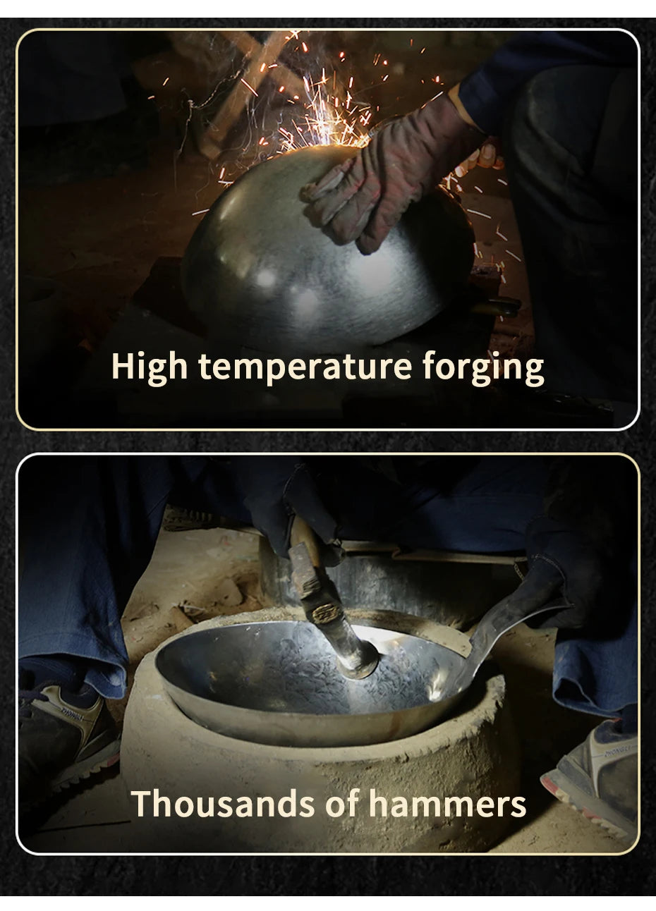 Hand Hammered Wok,traditional Iron Wok No Coating Wooden Handle Non-stick Pan Kitchen Cookware