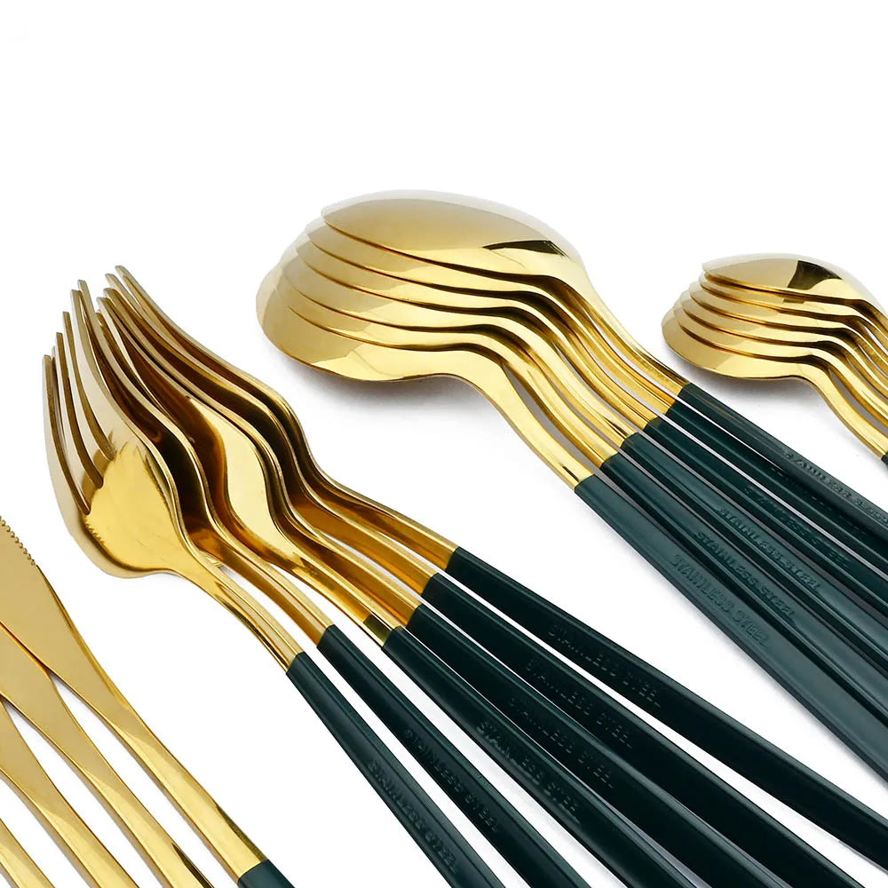 24Pcs Stainless Steel Dinnerware Set Kitchen Green Gold Cutlery Set Knife Fork Spoon Flatware Tableware Western Silverware Set