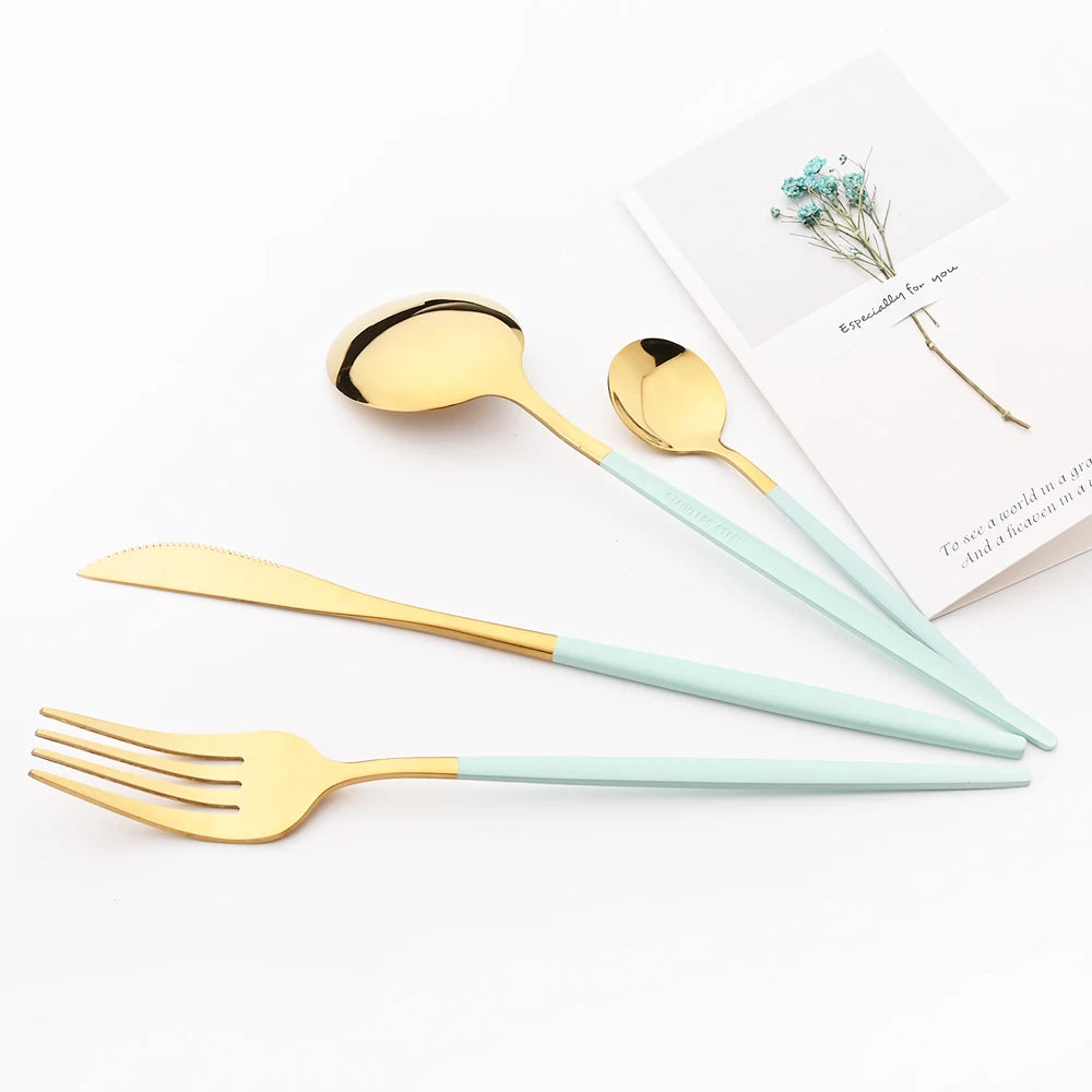 Silverware Mint Green Silver 5pcs/set Dinnerware Cutlery Knife Cake Fork Coffee Tea Spoon Stainless Steel Flatware Tableware Set