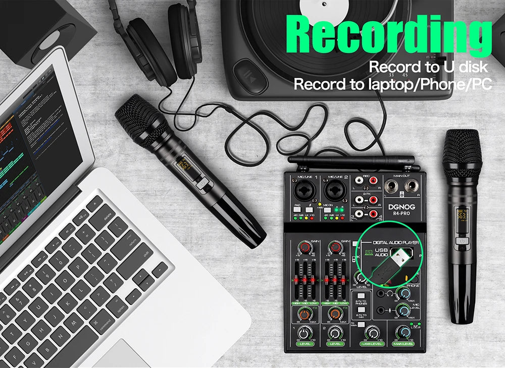 4 Channel Audio Mixer with Wireless Microphone USB Sound Table Bluetooth Console DJ Mixing for Party Karaoke Machine Soundbar