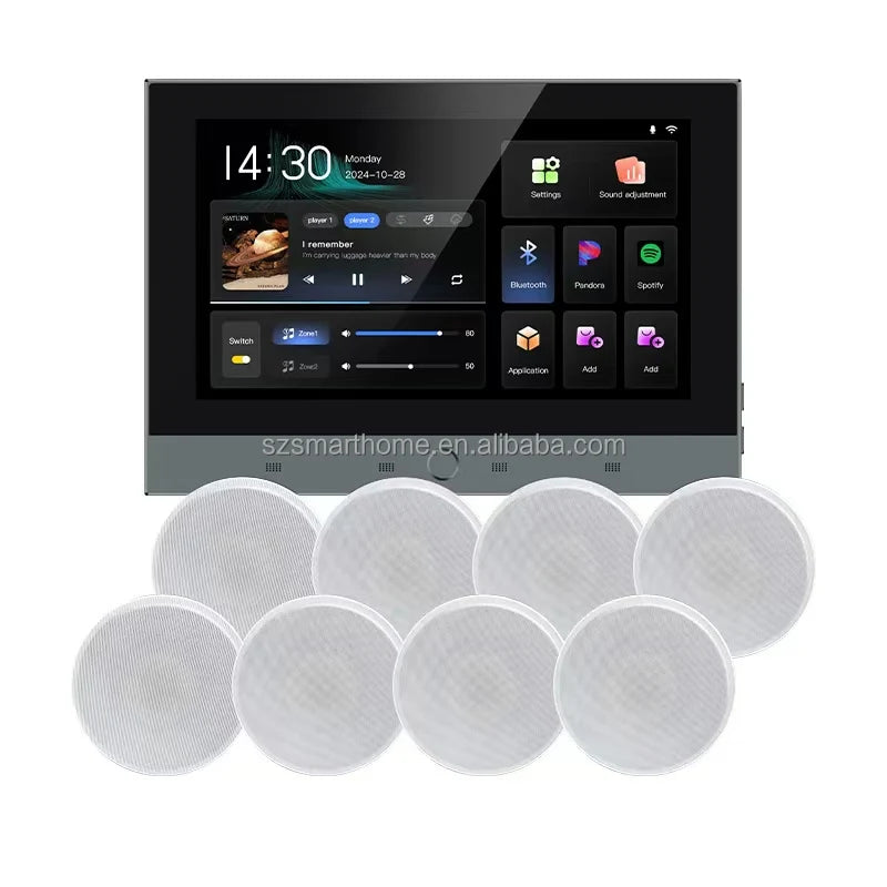 Huaxuyun T7-1 7" Android 11 Wall-Mount Smart Music Amplifier | WiFi, 8-Speaker Zones, Yamaha Amp