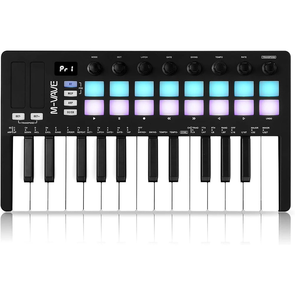 M-WAVE 25 Key USB MIDI Keyboard Controller With 16 Backlit Drum Pads Bluetooth Semi Weighted Professional Dynamic Keybed