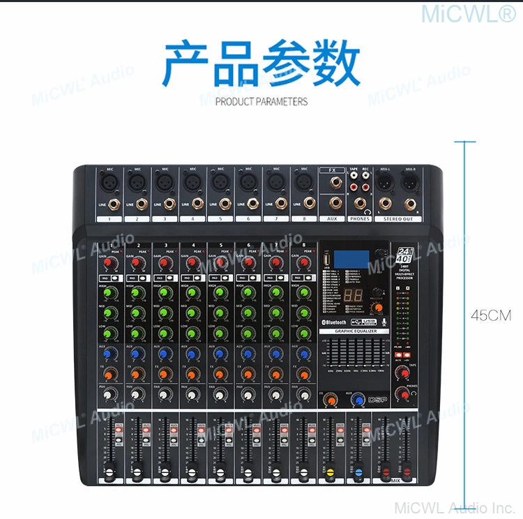 MiCWL 8 Channel Sound Mixng Console Audio DJ Controller Mixer 48V DSP Bluetooth