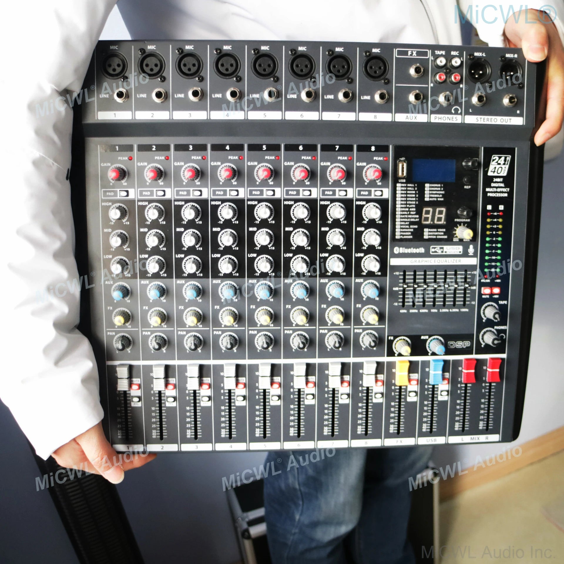 MiCWL 8 Channel Sound Mixng Console Audio DJ Controller Mixer 48V DSP Bluetooth