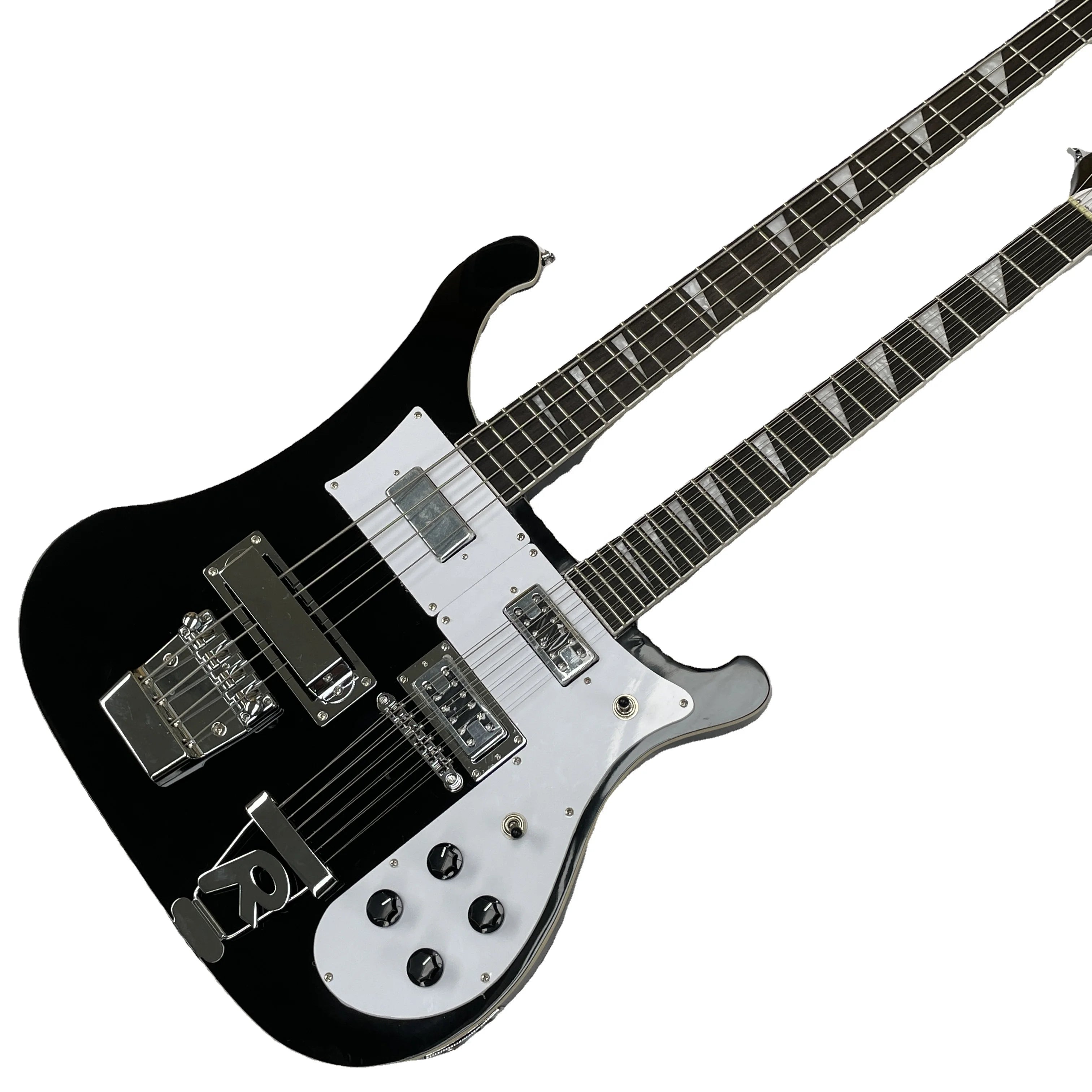 R-Brand Black Electric Bass Guitar with 4+12 Strings White Pickguard Red Chrome Hardware