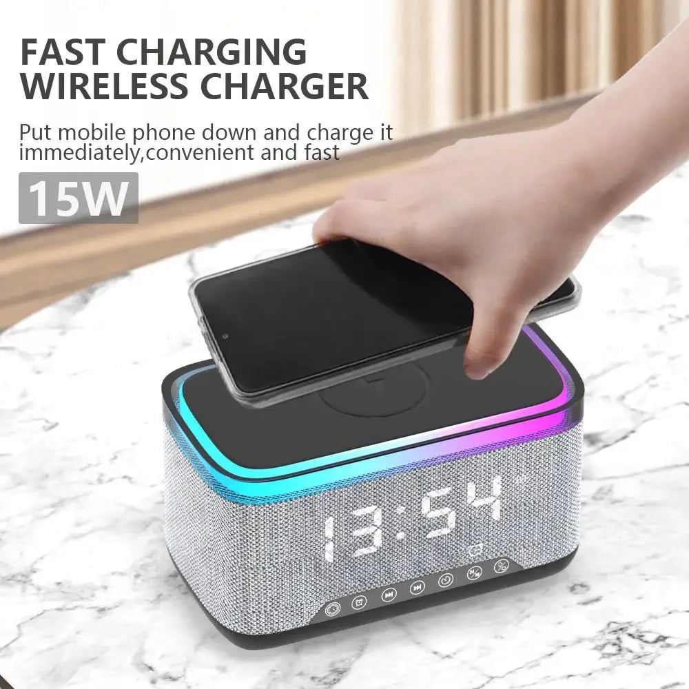 Portable Speakers with Alarm Clock Smart Colorful RGB Night LED Flashing Light Lamp Wireless Charging Desktop Indoor Sleep Aid