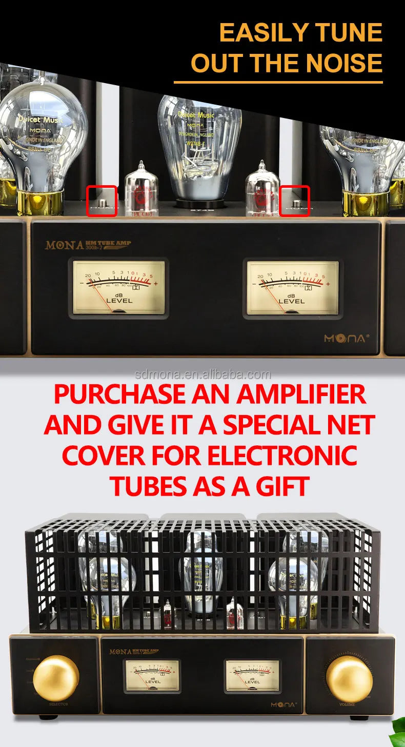 MONA 300B Vintage Tube Amplifier — Class A Stereo HiFi Amp | 274B Rectifier, 6SN7 & ECC83, Retro VU Meter