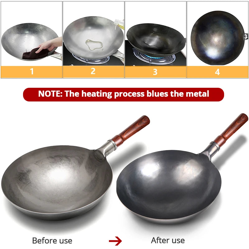 Hand Hammered Wok,traditional Iron Wok No Coating Wooden Handle Non-stick Pan Kitchen Cookware
