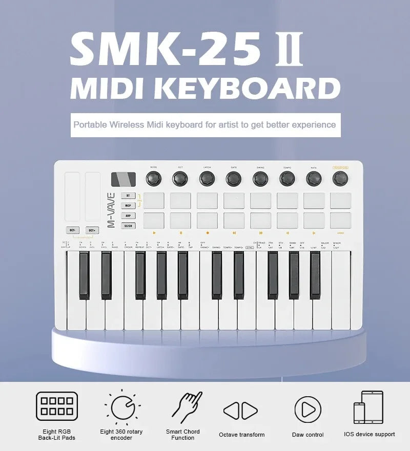 M-VAVE SMK-25 II 25-Key Bluetooth MIDI Controller | 16 RGB Pads, 8 Knobs, 2000mAh, USB-C, Mac/iOS/Android