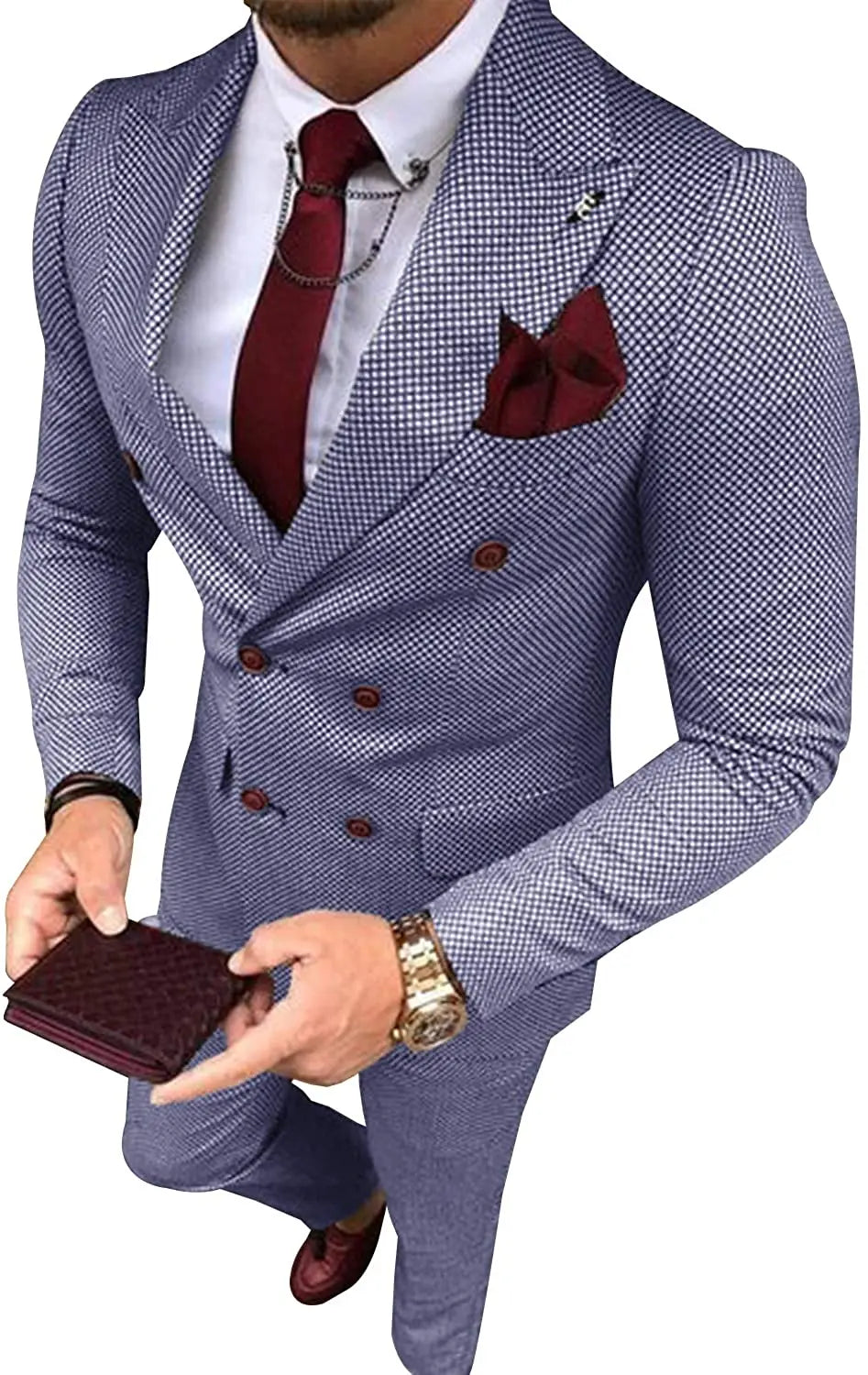 Men's Business Suits 2 Pieces Double Breasted Regular Fit Notch Lapel Plaid Wool Prom Tuxedos For Wedding (Blazer+Pants)