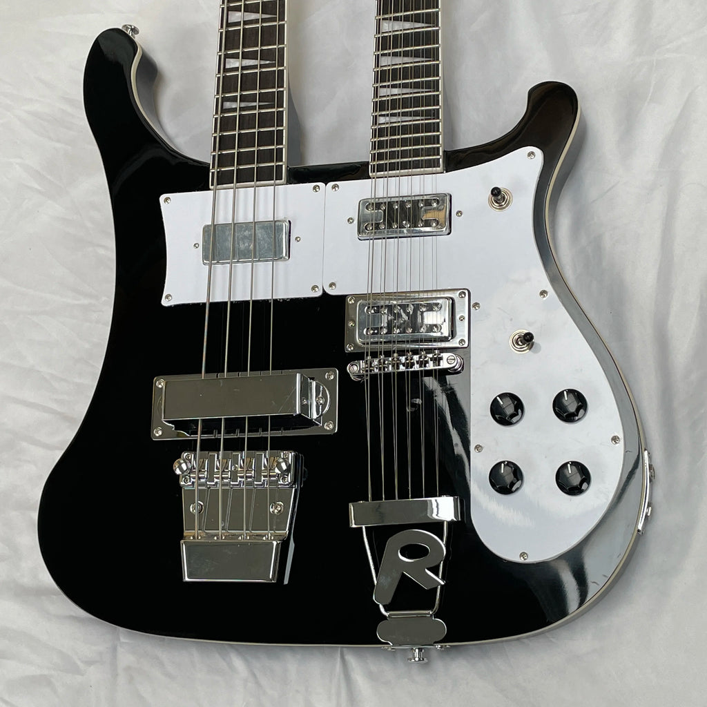 R-Brand Black Electric Bass Guitar with 4+12 Strings White Pickguard Red Chrome Hardware