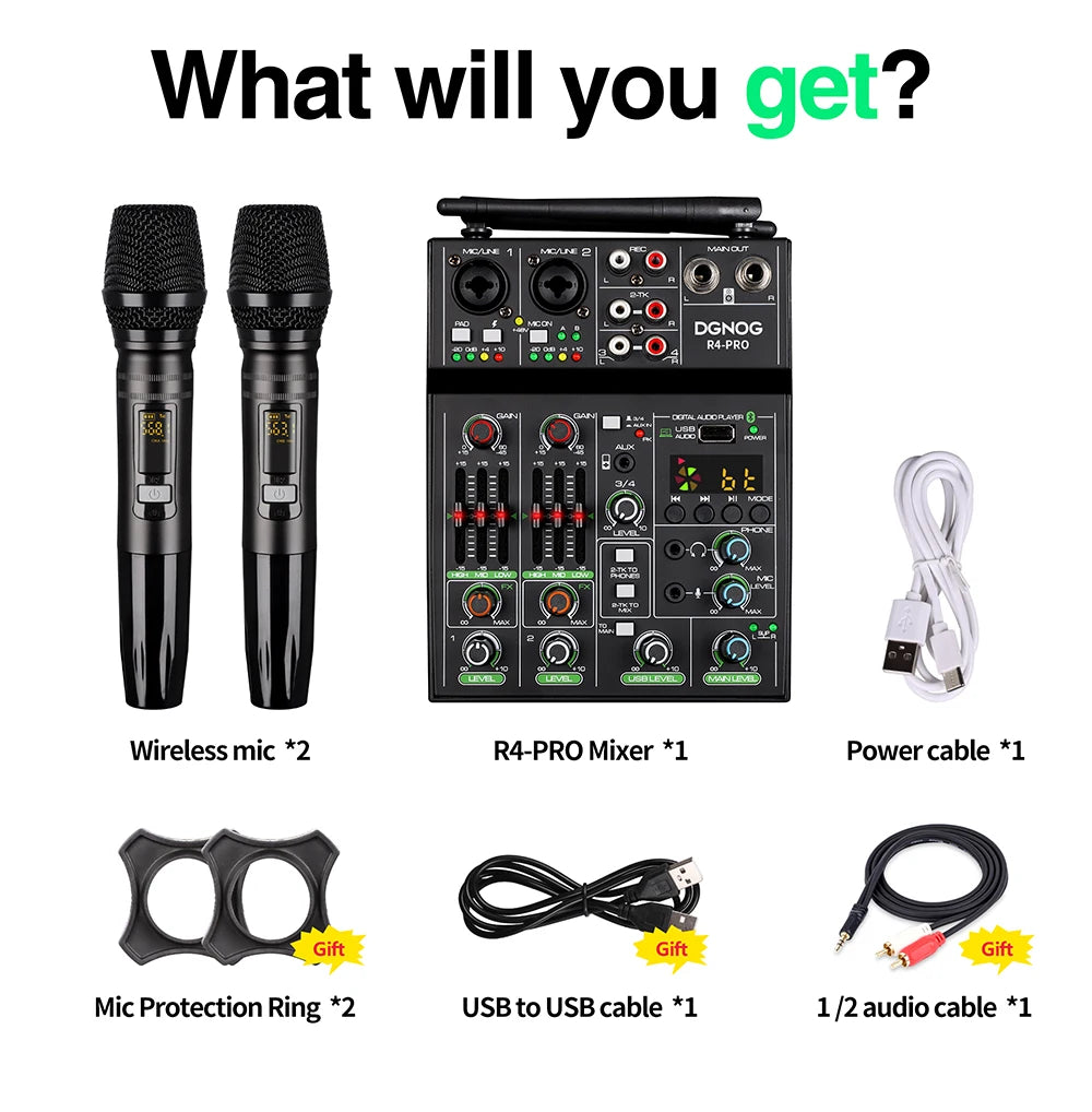 4 Channel Audio Mixer with Wireless Microphone USB Sound Table Bluetooth Console DJ Mixing for Party Karaoke Machine Soundbar