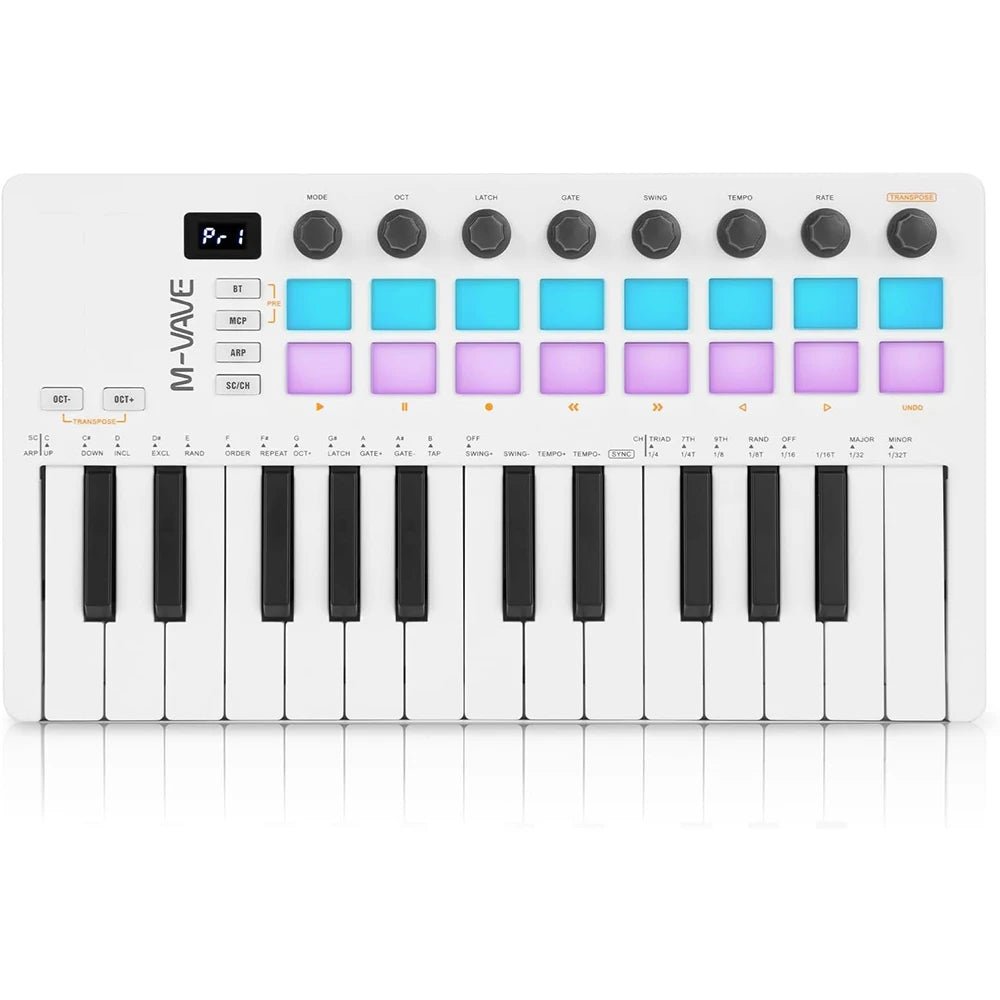 M-VAVE SMK-25 II 25-Key Bluetooth MIDI Controller | 16 RGB Pads, 8 Knobs, 2000mAh, USB-C, Mac/iOS/Android