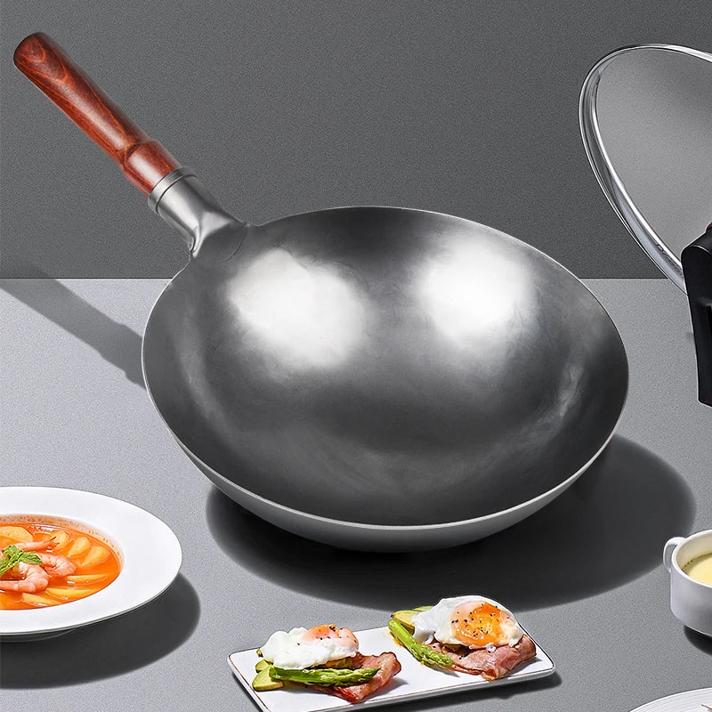 Hand Hammered Wok,traditional Iron Wok No Coating Wooden Handle Non-stick Pan Kitchen Cookware