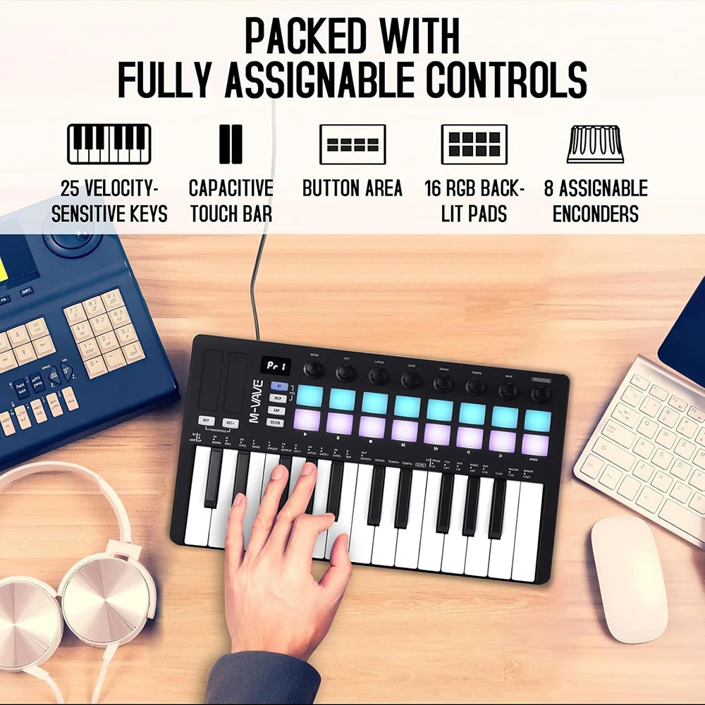 M-VAVE SMK-25 II 25-Key Bluetooth MIDI Controller | 16 RGB Pads, 8 Knobs, 2000mAh, USB-C, Mac/iOS/Android