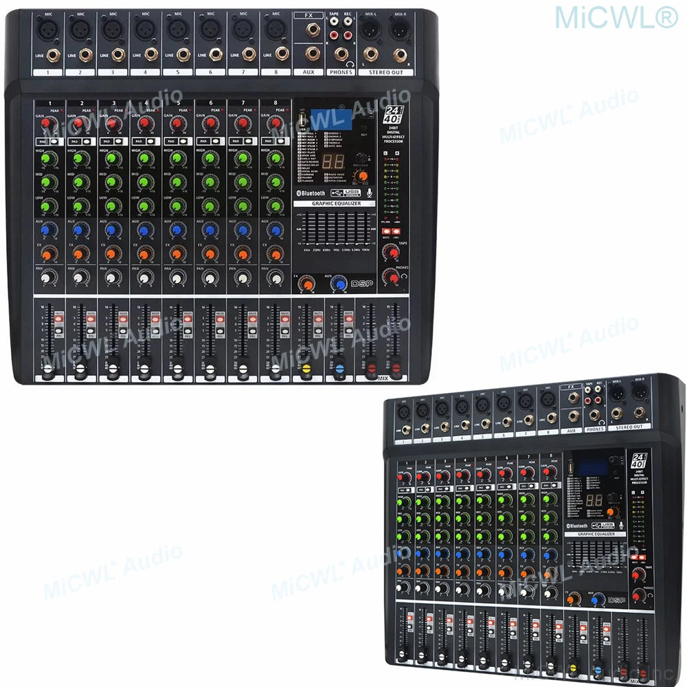 MiCWL 8 Channel Sound Mixng Console Audio DJ Controller Mixer 48V DSP Bluetooth