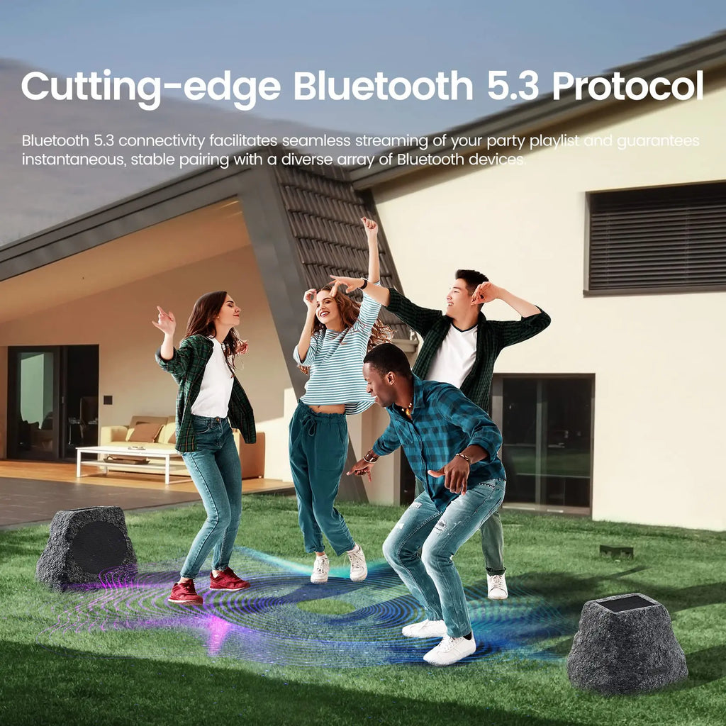 Outdoor Rock Blue Grey Speakers Wireless Patio Speaker Solar Powered Rechargeable Battery Perfect for Pool Patio Deck Garden