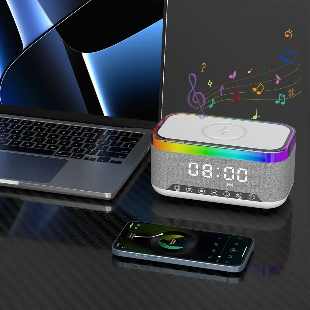 Portable Speakers with Alarm Clock Smart Colorful RGB Night LED Flashing Light Lamp Wireless Charging Desktop Indoor Sleep Aid