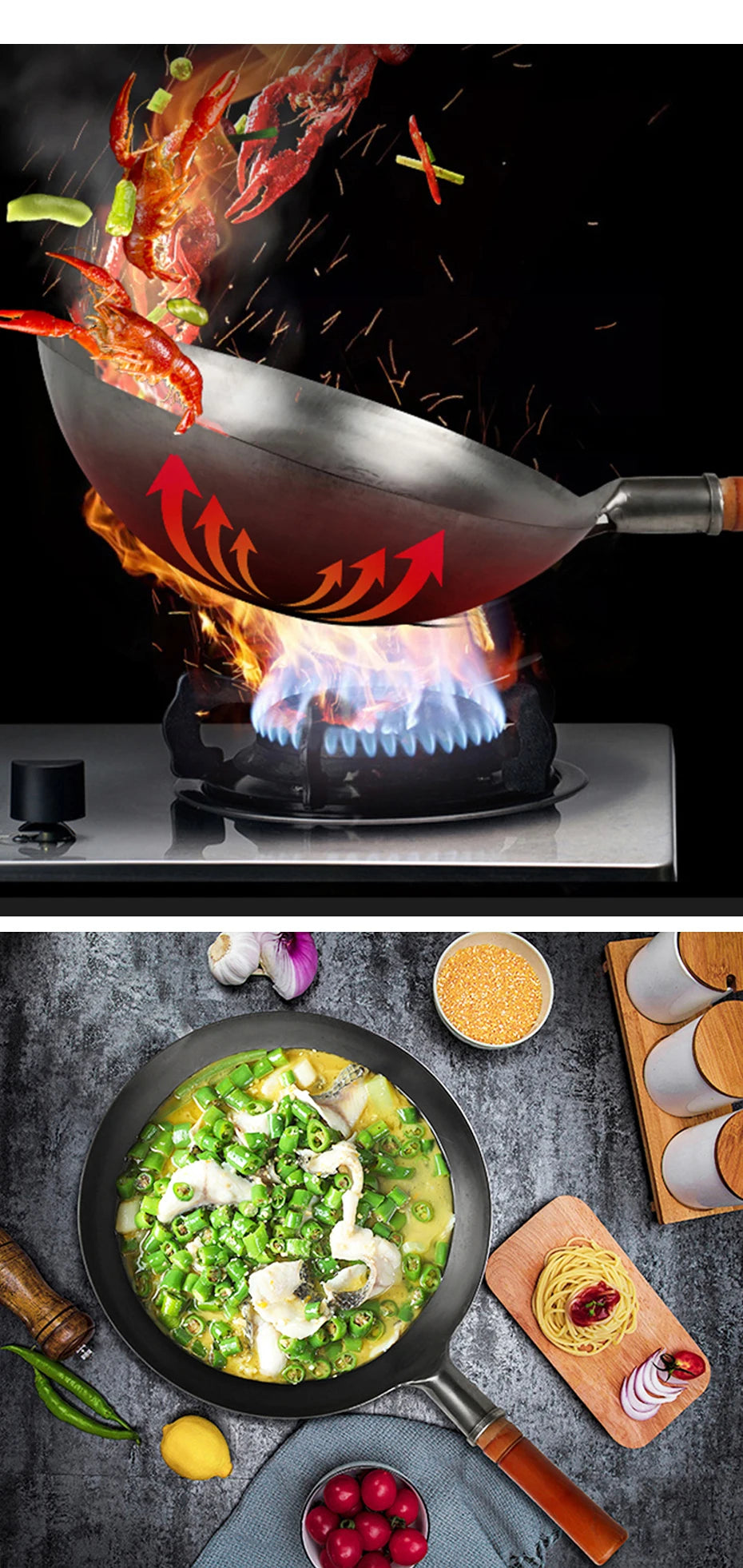 Hand Hammered Wok,traditional Iron Wok No Coating Wooden Handle Non-stick Pan Kitchen Cookware
