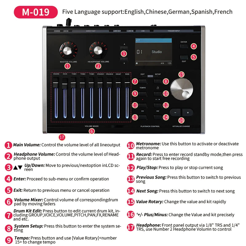 HXM Electronic Drum Professional Manufacture High-end Electronic Drum 9-piece Mesh Head Drum Set with 18" Cymbal