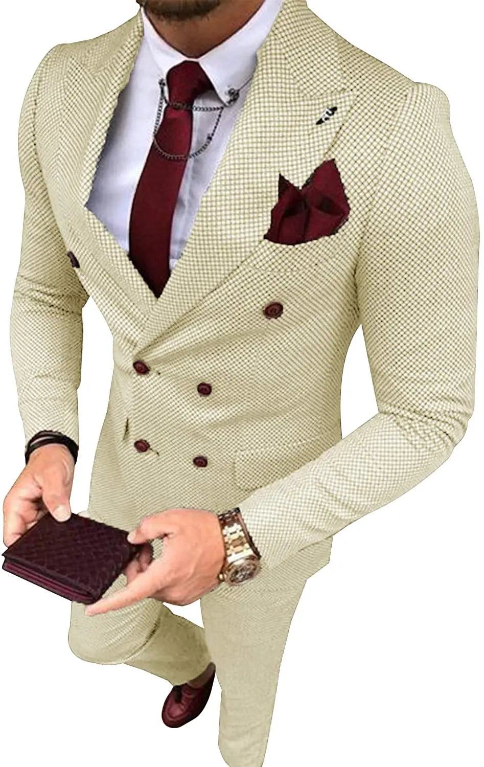 Men's Business Suits 2 Pieces Double Breasted Regular Fit Notch Lapel Plaid Wool Prom Tuxedos For Wedding (Blazer+Pants)