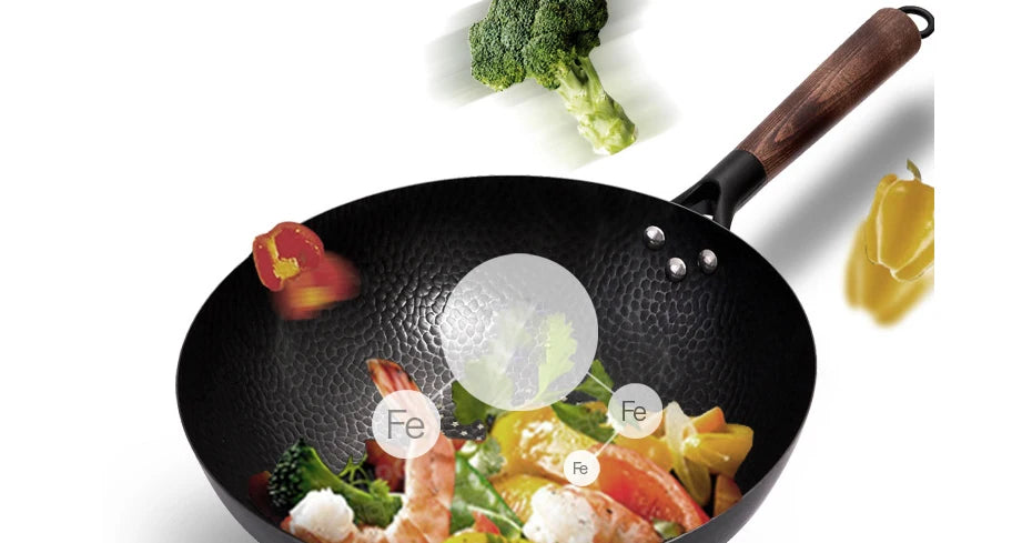 32cm Iron Wok Craft Wok Traditional Hand Hammered Chinese Carbon Steel Wok Iron Pot for Induction,Gas,Suitable for All Stoves