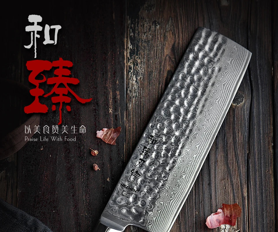 Kitchen Knife 6.8'' Nakiri Knife Japanese Damascus Steel Butcher Meat Cleaver Vegetable Knives Cooking Cutter Ebony Handle