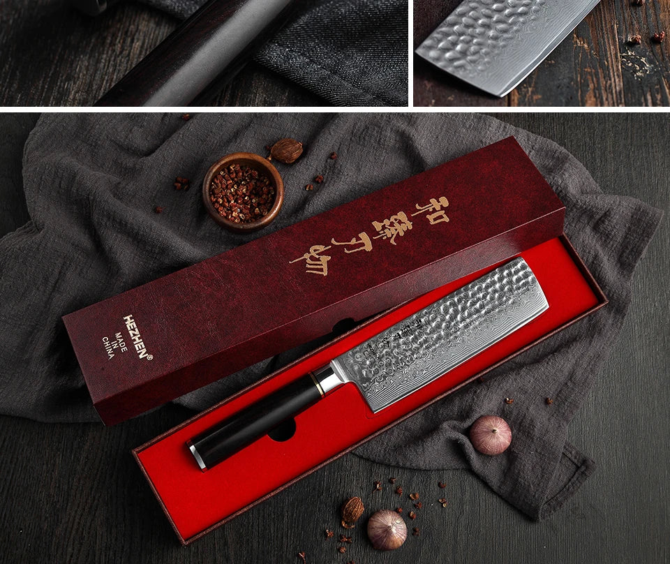 Kitchen Knife 6.8'' Nakiri Knife Japanese Damascus Steel Butcher Meat Cleaver Vegetable Knives Cooking Cutter Ebony Handle