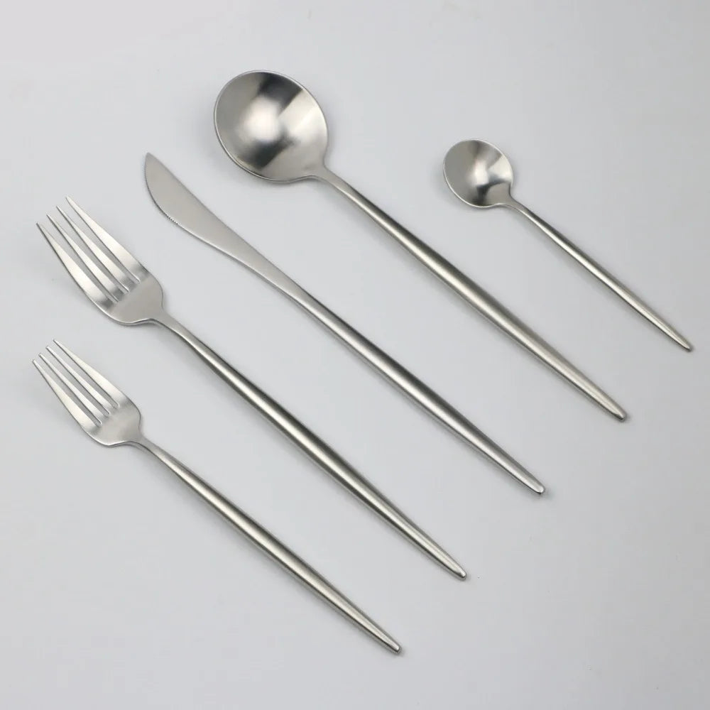 Matte Silver Dinnerware Set 18/10 Stainless Steel Cutlery Set Dessert Fork Knives Spoon Chopsticks Silverware Steak Tableware