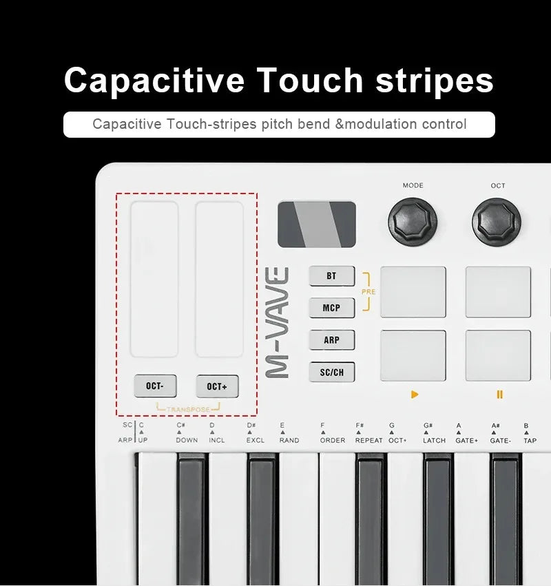 M-WAVE 25 Key USB MIDI Keyboard Controller With 16 Backlit Drum Pads Bluetooth Semi Weighted Professional Dynamic Keybed